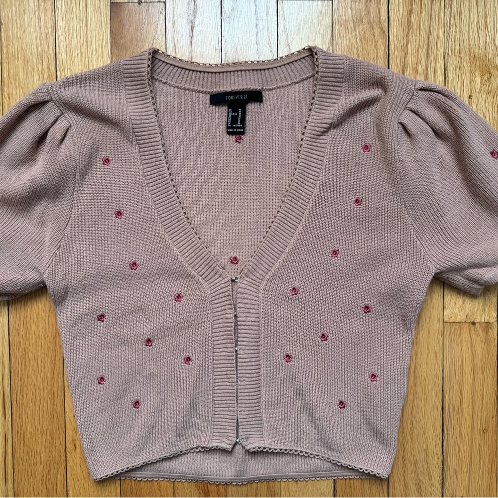 Forever 21 Mauve V-Neck Cropped Sweater with Floral Embroidery